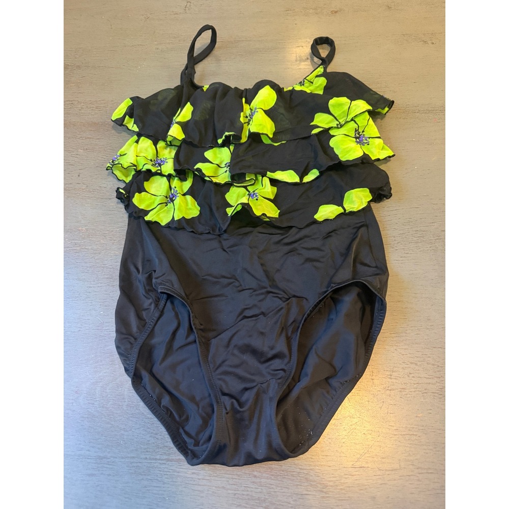 Robby Len Swimfashions One Piece Swimsuit Black Neon Yellow Floral Ruffle Tiered